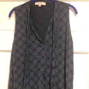 Loft navy blouse, starburst pattern, tie neck